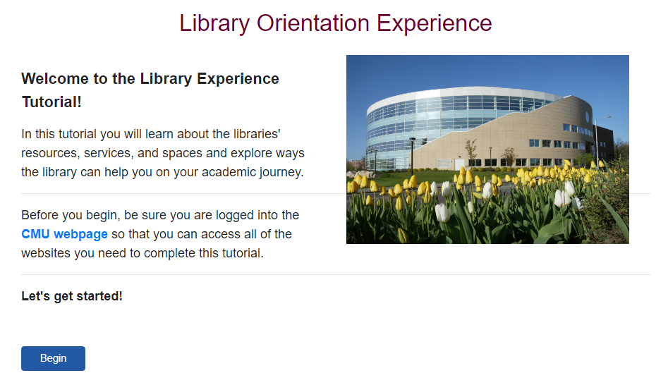 Image of the first page of the Library Orientation Experience